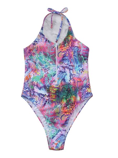 

random snakeskin print zip front halter one piece swimsuit y9ho#, White;black