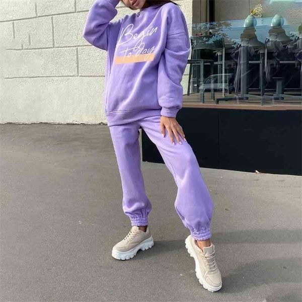 

fleece letter printed women's tracksuit hoodies hooded oversized long sleeve suit 2 piece set female sport pants lady set 210331, White