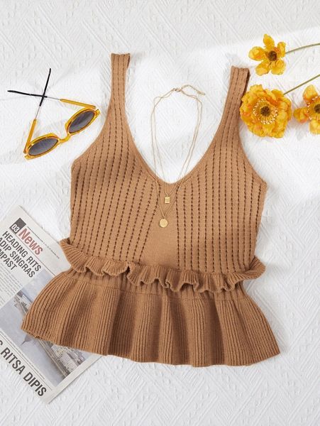 

frill trim ruffle hem knit i0z7#, White;black