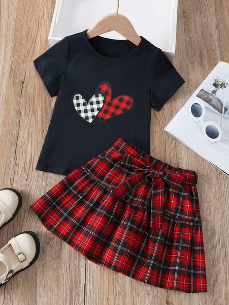 

toddler girls heart print tee with tartan belted skirt she, White