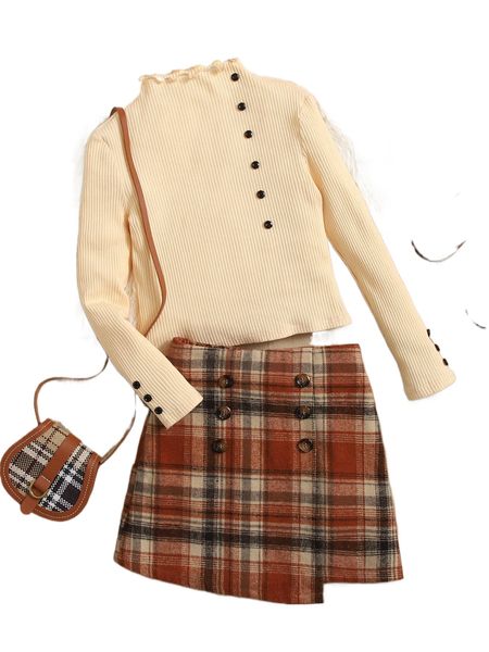 

girls lettuce trim tee & tartan print skirt set s1aa#, Black;white