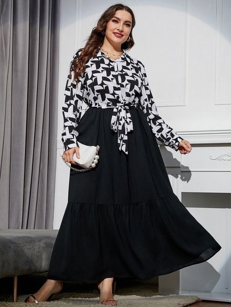 

plus geo print ruffle hem belted dress p5cb#, Black