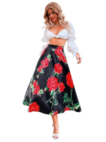 

floral print flare skirt n0ro#, Black
