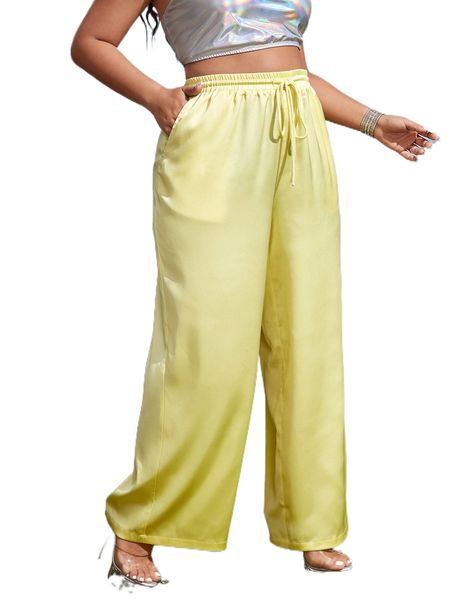 

plus drawstring waist satin wide leg pants b4pt#, Black