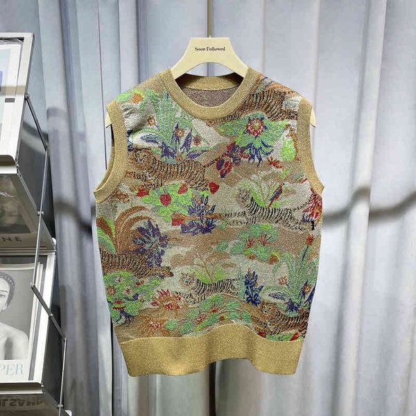 

women's knits & tees pole texture gold thread tiger pattern knitted vest female jungle animal jacquard sleeveless sweater tzpq, White