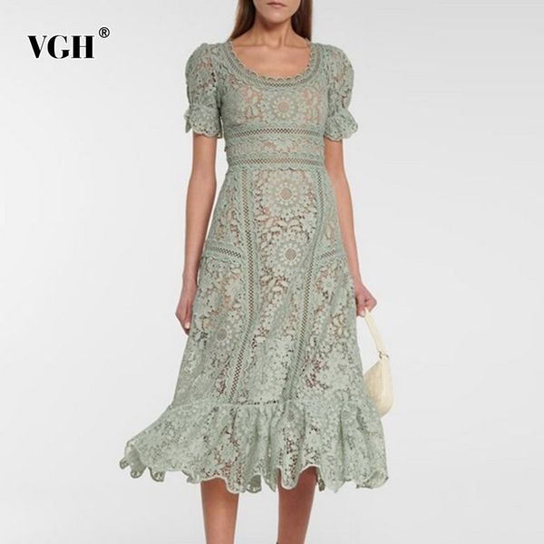 

green patchwork lace elegant dress for women o neck puff short sleeve high waist hollow out midi dresses female fashion 210507, Black;gray