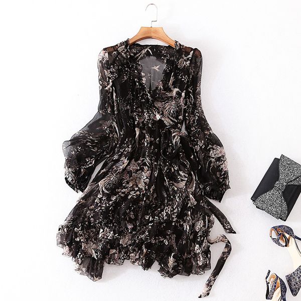 

casual dresses vimina summer women's printed silk dress v-neck 9 / 4 sleeve 2-piece fashion middle skirt ss07, Black;gray