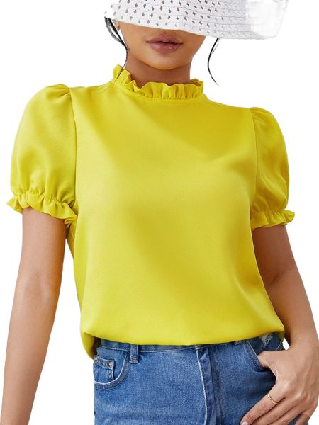 

frilled neck puff sleeve blouse z6os#, White