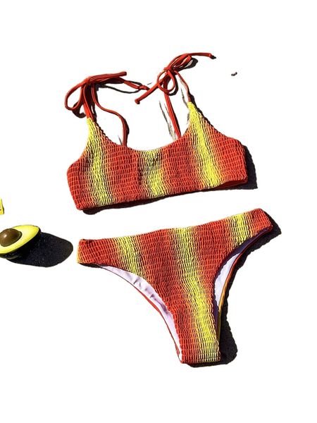

ombre smocked tie shoulder bikini swimsuit n7cy#, White;black