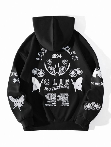 

slogan & butterfly print thermal hoodie f6i4#, Black