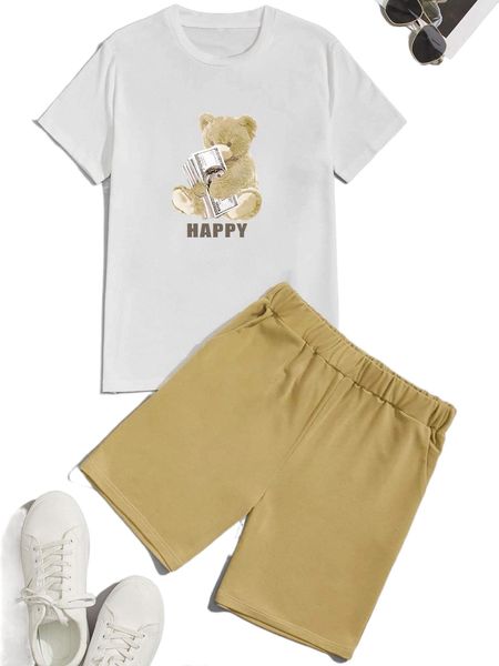 

men bear & letter graphic tee & shorts z9dj#, Gray