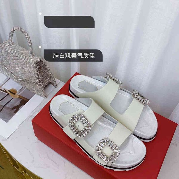 

slippers summer women's shoes square buckle transparent film slippers drill flat sole, wearing beach sandals, Black