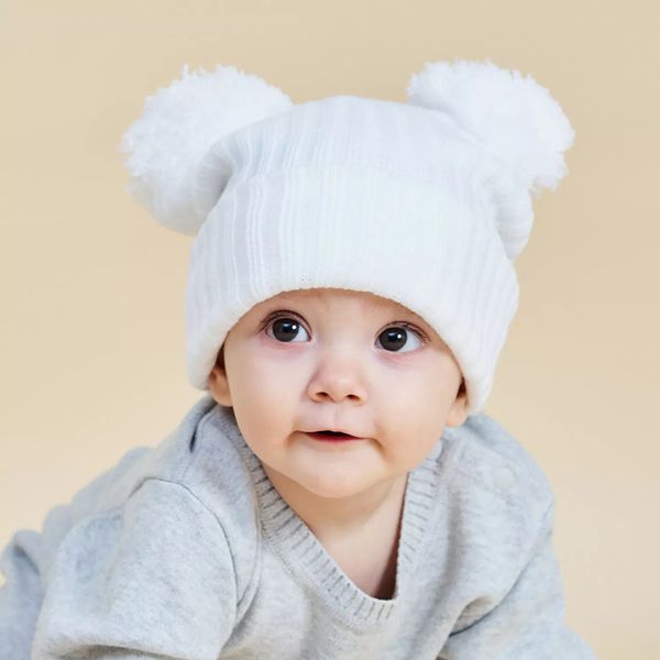 Cappello lavorato a maglia per bambini a righe con doppia palla Berretto per bambini autunno inverno Berretto di lana per bambini caldo tinta unita carino