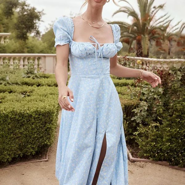 

women breast wrapped square neck floral dress casual sweet girly style high slit shoulder wrap sleeves summer plus size fashion long dresses, Black;gray