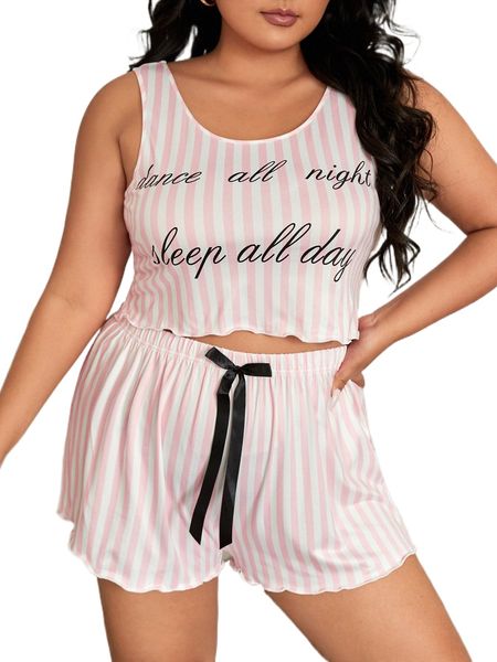 

plus striped & slogan graphic lettuce trim tie front pj set m1b4#, Black;white