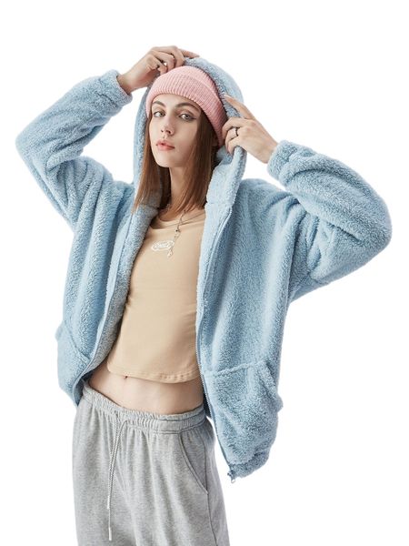 

drop shoulder zipper front teddy jacket g9rx#, Black;brown