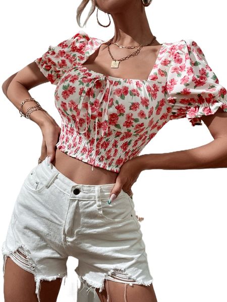 

floral print puff sleeve knot front shirred crop blouse b3eq#, White