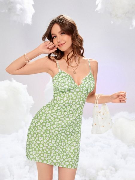 

mod allover floral print ruched bust frill trim cami dress 878w#, Black;gray