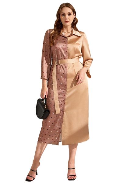 

plus ditsy floral belted shirt dress 74vl#, Black