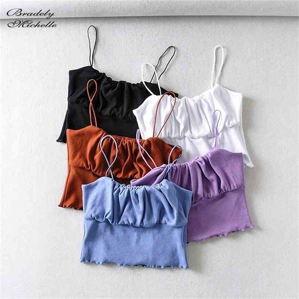 

bradely michelle summer fashion women crop sleeveless short midriff-baiing fold solid cotton camis 210401, White