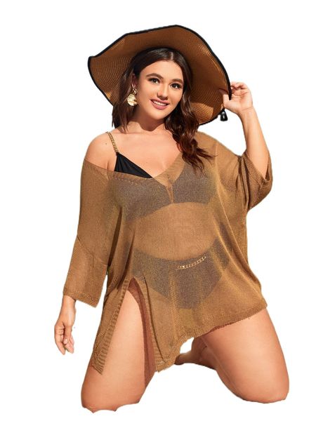 

plus slit hem dolman sleeve cover up without bikini set w2gn#, Black