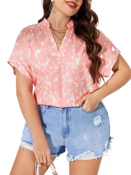 

plus allover print batwing sleeve popover blouse t9m9#, Black