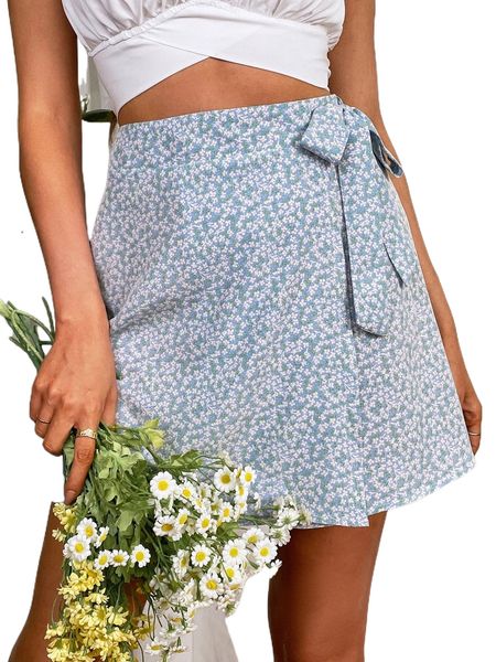 

high waist ditsy floral wrap tie side skirt j9fy#, Black