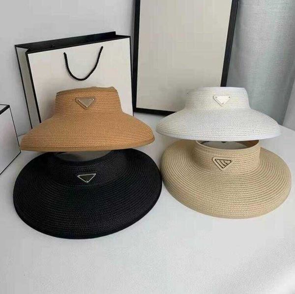 

summer luxury lady empty cap sun visors straw hat weave windproof letters design sun hats outdoor exercise fashion, Blue;gray