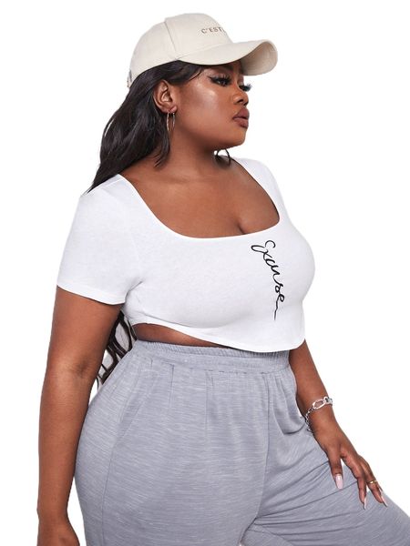 

sxy plus letter graphic scoop neck curved hem tee k3if#, Black