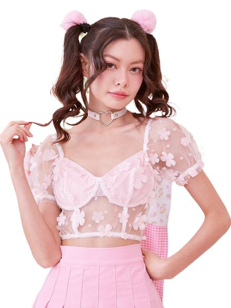 

kawaii floral appliques crop k0ns#, White