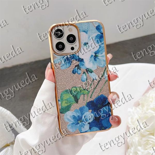 

Deluxe Fashion Electroplated Phone Cases for iphone 15 15pro 14 14pro 13 13pro 12 12pro Geranium Printed Leather Designer Cellphone Cover, G2