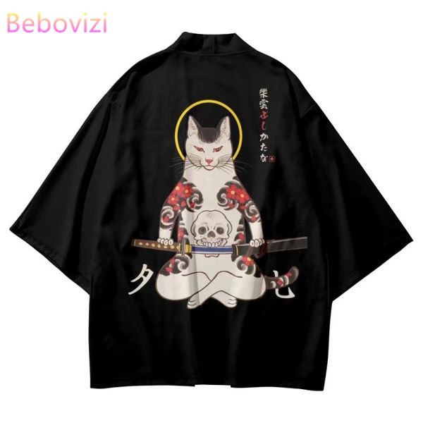 

black kimono streetwear cat samurai cardigan harajuku robe men women ukiyo-e cosplay clothes summer beach japanese clothing, Red