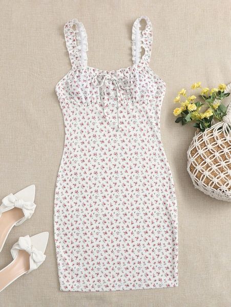 

frilled strap tie front ruched bust ditsy floral dress 19lb#, Black;gray