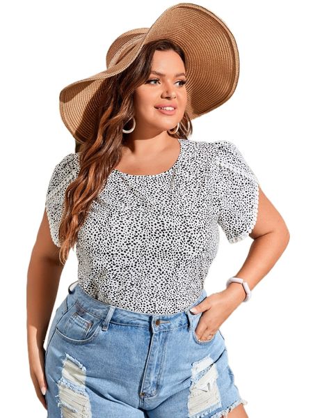 

plus dalmatian print guipure lace trim petal sleeve blouse 82fs#, Black