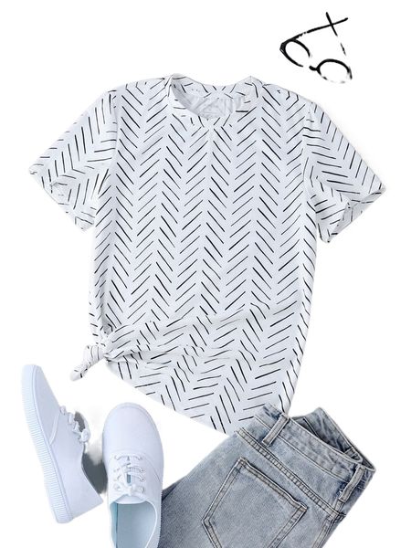 

striped print round neck tee i1cx#, White