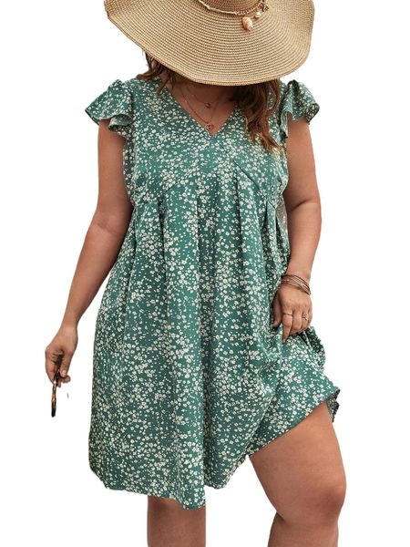 

plus ditsy floral print ruffle trim dress m3f0#, Black