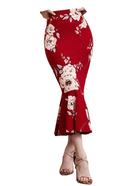 

floral print mermaid hem skirt n7x5#, Black