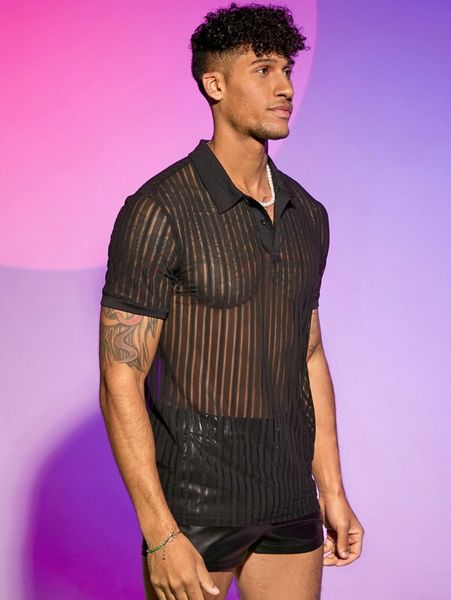 

men striped sheer polo shirt i1w3#, White;black