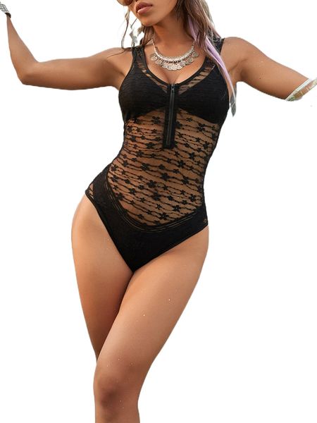 

zipper front lace tank bodysuit without bra & panty o7ez#, White