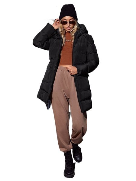 

solid zip up hooded winter coat 09su#, Black