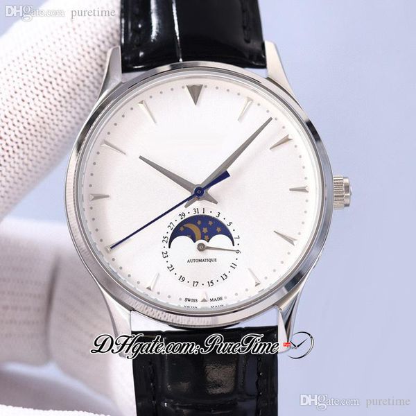 Master Ultra Thin 1368420 Mondphasen-Automatik-Herrenuhr, 39 mm, Stahlgehäuse, weißes Zifferblatt, silberne Strichmarkierungen, Lederarmband, Kalenderuhren 2022 Puretime JL-Y10b2