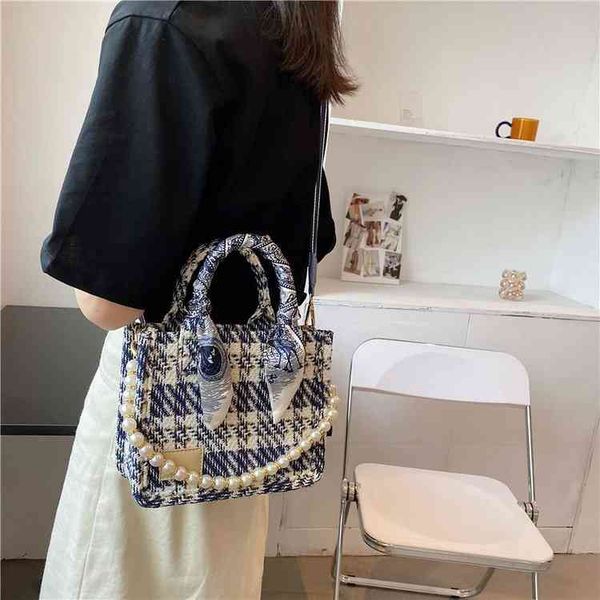 

women's fashion personality trend brand bag wholesale tot 2021 new plaid cotton linen single shoulder msenger pearl chain portable canv