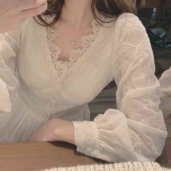 

casual dresses dress in early spring long sleeved female lace embroidery close waist thin french v-neck white rcc5, Black;gray