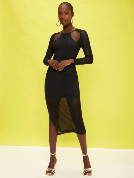 

cutout detail split thigh mesh dress l1lo#, Black;gray