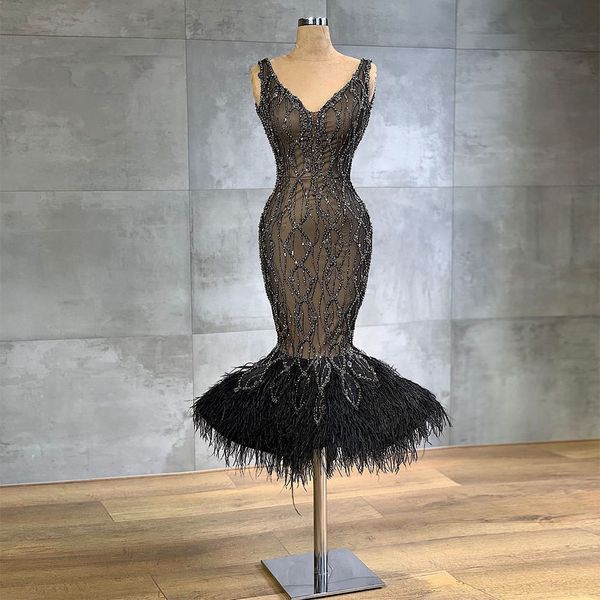 

ostrich feather short prom dresses sequins sleeveless v neck appliques lace chic party gowns knee length plus size custom made, Black