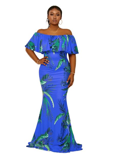 

plus tropical print off shoulder ruffle trim maxi formal dress z50r#, Black