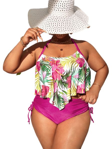 

plus tropical print hanky hem drawstring bikini swimsuit d9gw#, White;black