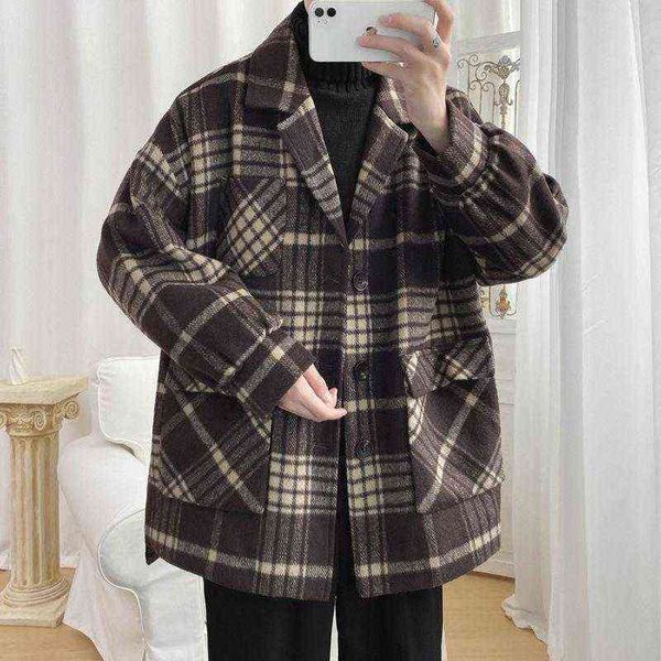 

men's wool & blends winter thick plaid woolen coat men warmth fashion retro oversized jacket korean loose short mens overcoat t220810, Black