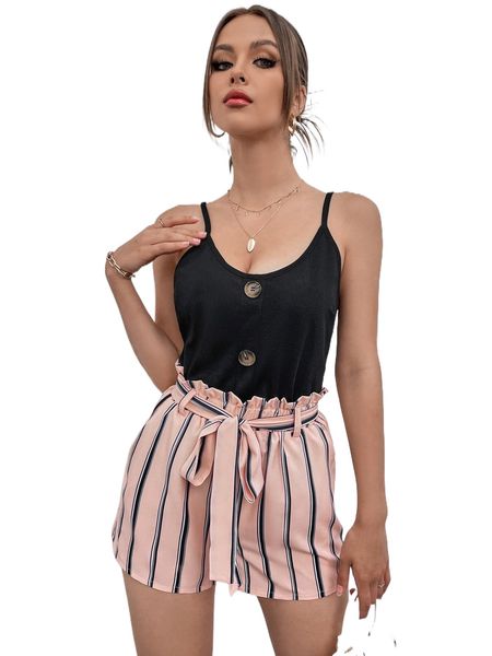 

fake button front cami & belted striped print shorts i8ps#, White