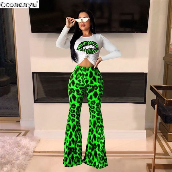 

new fashion casual print leopard suits autumn 2 piece sets pullover t-shirt and flared pants two-piece set women lj201119, White